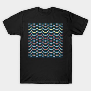 Dark blue, light yellow and bricks red retro geometrical semicircles pattern T-Shirt